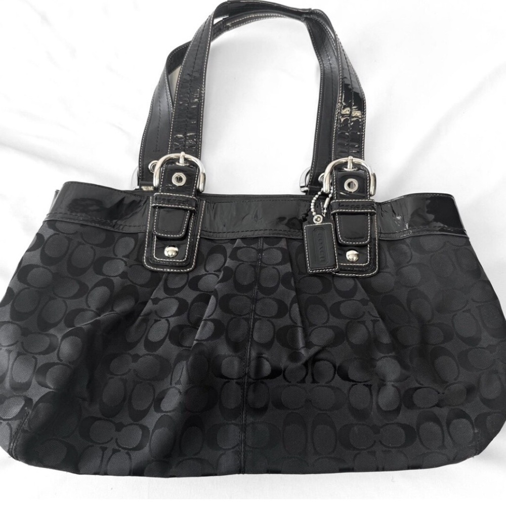 Coach Black Signature Tote with Patent Trim